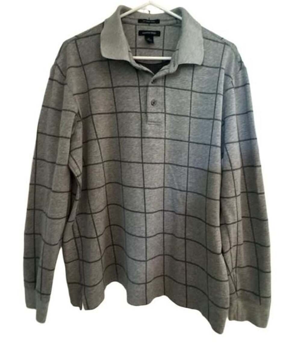 Lands' End Grey Grid Windowpane Supima Cotton Long Sleeve Polo Shirt Men's Size